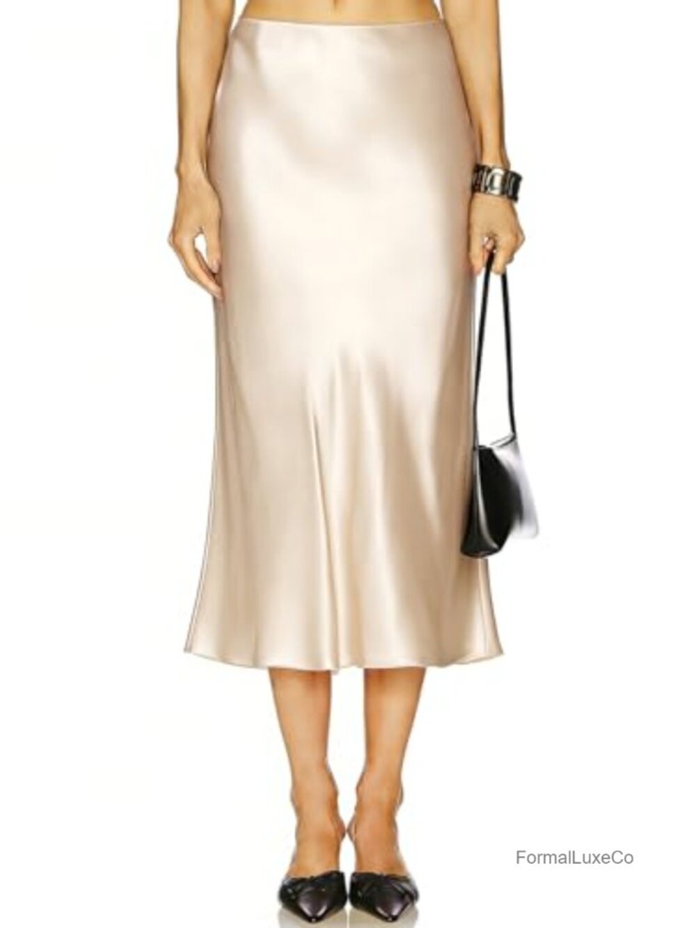 Satin Midi Skirt High Waisted A-Line Flowy Silk Blend Hidden Elastic Waistband